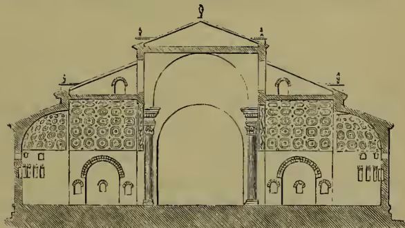 A transverse section diagram of the Basilica of Maxentius. The drawing shows a large central vaulted space supported by a central pier. On either side of the central vault are smaller side vaults. The entire structure is topped by a triangular pediment. The walls are decorated with a pattern of small circular openings, possibly representing windows or decorative elements. The drawing illustrates the complex internal and external structural design of the basilica.