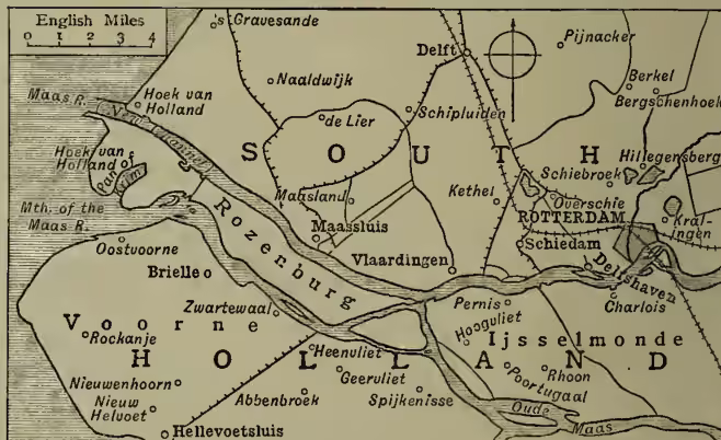 A map of the Rotterdam area showing the Maas river, the Schiedam district, and various landmarks like the IJsselmonde and the Oostvoorne.
