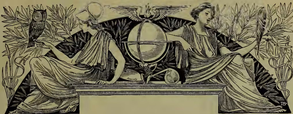 An ornate woodcut-style illustration at the top of the page. It features two figures in classical attire seated on a platform. The figure on the left is holding a lyre, and the figure on the right is holding a bow and arrow. Between them is a globe with a compass rose. The scene is framed by decorative foliage and a snake entwined in a staff on the right side. The initials 'YB' are visible in the bottom right corner of the illustration.