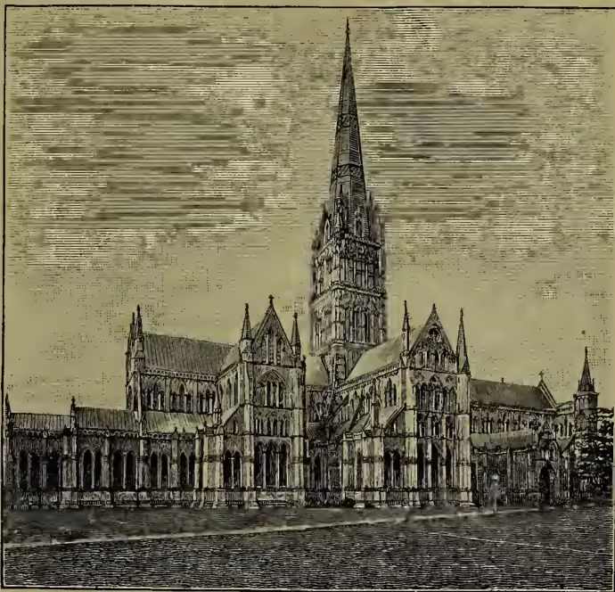 A detailed black and white engraving of Salisbury Cathedral, viewed from the north-east. The image shows the massive Gothic structure with its prominent central spire, which is the highest point of the building. The facade is adorned with intricate carvings and pointed arches. The cathedral is surrounded by a large, open area, likely the Close mentioned in the text. The engraving captures the grand scale and architectural details of the cathedral.