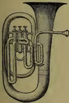A detailed black and white illustration of a brass instrument, specifically an euphonium. It features a large, flared bell at the top, a complex system of valves and tubing on the left side, and a mouthpiece at the bottom. The instrument is shown in a three-quarter view, highlighting its curved and coiled tubing.