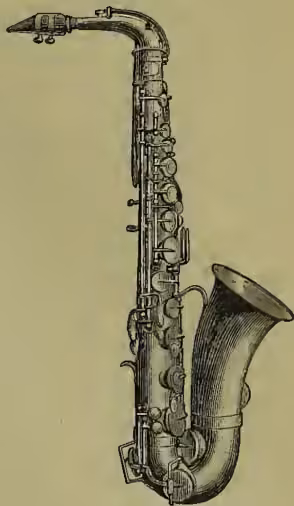 A detailed black and white illustration of a saxophone, showing its conical body, keys, and flared bell.