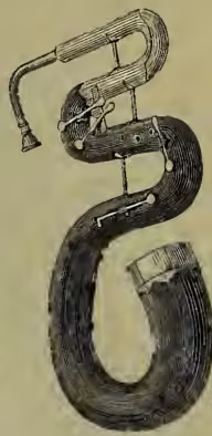 An illustration of a serpent, likely a bass musical instrument, shown in a coiled, S-shaped position. It has a long, tapered body and a small cupped mouthpiece at one end.
