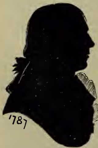 A black and white silhouette of a man's head and shoulders in profile, facing right. The man has a high forehead, wavy hair, and is wearing a coat with a high collar. The number '1787' is written in the lower left corner of the silhouette.