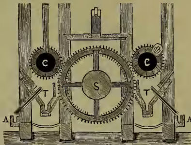 A technical diagram showing a vertical section of an Amalgamating Apparatus. It features two large oak barrels (C) mounted on a central toothed wheel (S) for rotation. Below the barrels are troughs for amalgam (A, A) and troughs for residues (T, T). The entire mechanism is supported by a wooden frame.