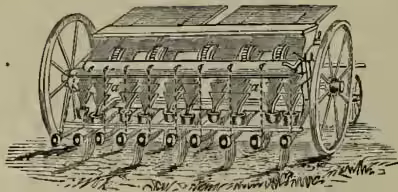 A detailed black and white illustration of a corn-drill, a type of seed drill. It features a large, rectangular seed box mounted on a frame with two large spoked wheels at the rear and a smaller front wheel. The seed box is divided into several compartments, each with a row of small holes at the bottom for seed to fall into. A series of brushes or rollers are positioned along the bottom edge of the box to cover the seed as it is deposited. The machine is shown on a patch of ground with some grass or weeds visible.