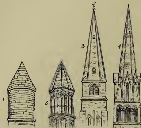 Four architectural drawings of spires, labeled 1 through 4. 1 is a simple conical turret. 2 is a more complex turret with a pointed roof and decorative elements. 3 is a tall, slender spire with a pointed top and a small window near the top. 4 is a very tall, slender spire with a pointed top and a small window near the top, similar to 3 but with more decorative elements.