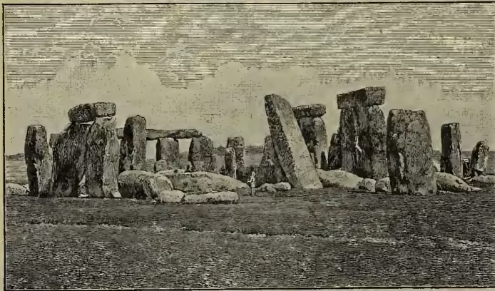 A black and white engraving of Stonehenge, showing the large standing stones arranged in a circular pattern with some fallen stones in the foreground.