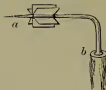 Diagram of a straw splitting tool. It shows a long handle labeled 'b' that is bent at one end. At the other end, there is a cutting head with several small square blades radiating from a central point labeled 'a'. The tool is shown inserted into a piece of straw.