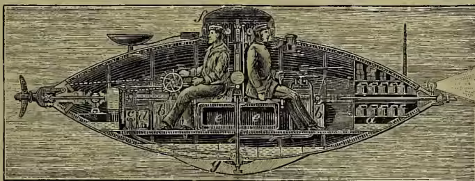 A detailed technical cross-section diagram of the French submarine or surface boat Goubet, built in 1888. The diagram shows the boat's hull with various internal components labeled with letters. Two crew members are visible in the center, one operating a steering wheel. The diagram illustrates the arrangement of electric accumulators, tanks for compressed air, pumps, engines, and the safety or emergency weight mechanism. The cupola is shown at the front, and the torpedo is visible at the stern.