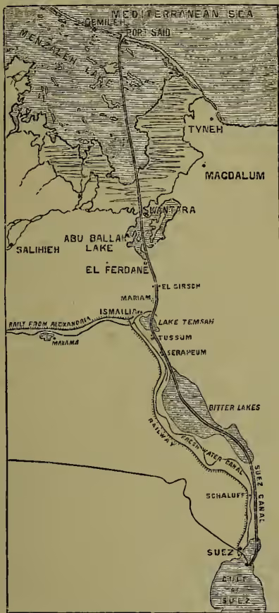 Map of the Suez Canal showing its route from Port Said to Suez, crossing Lake Menzaleh, Lake Ballah, Lake Timsah, and the Bitter Lakes. The map also shows the railway from Alexandria and the city of Ismailia. Key locations include Port Said, Tyneh, Macdalum, Khartoum, Abu Ballah, Lake Timsah, El Girsom, Mariam, El Ferdane, Salihieh, Lake Menzaleh, Bitter Lakes, Chaluff, and Suez.